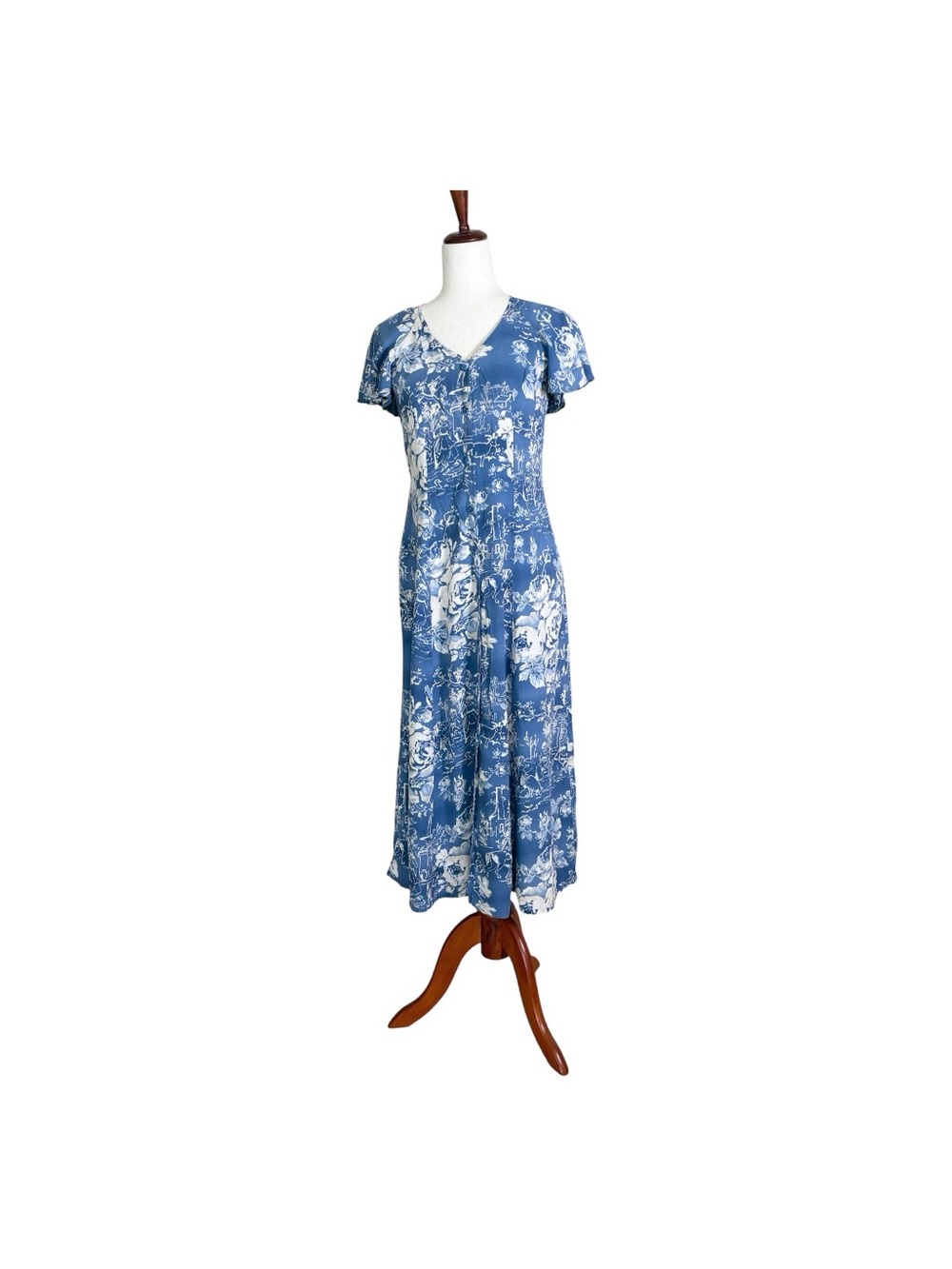 Jams World Blue White Floral Flutter Short Sleeves Button DownV-Neck Midi Dress